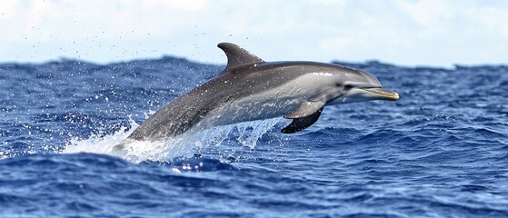 A dolphin leaps gracefully from the ocean surface, creating splashes of water. The vibrant blue sea contrasts beautifully with the agile marine mammal.