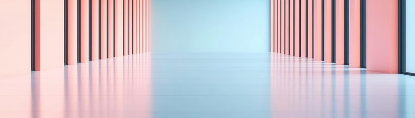 A serene corridor with pastel walls and a glossy floor creates a calming, modern aesthetic that invites exploration and creativity.