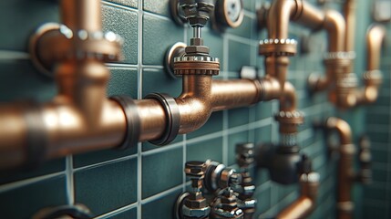 Fototapeta premium Copper pipes and fittings against a teal tile background.