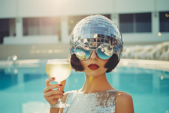 A glamorous woman with a mirrored disco helmet holding a cocktail by the poolside, evoking a vibe of retro elegance and fun.
