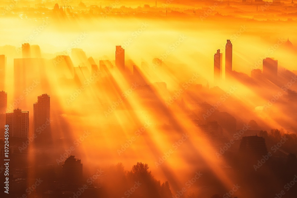 Poster a picture of a city with sunlight shining through the clouds, ideal for use in marketing materials o
