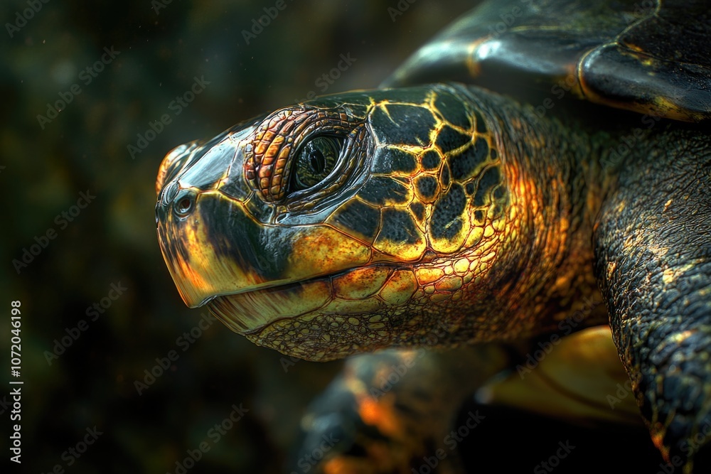 Poster a close-up view of a turtle's face, with a blurred background