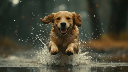 A golden retriever dog leaps through a puddle of water with a joyful expression on its face.