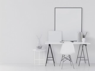 Minimalist home office workspace with a white desk. chair. and accessories on a white wall with wood floors