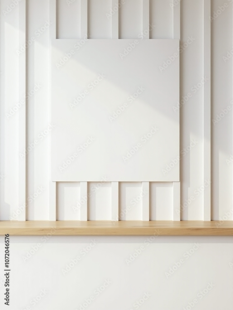 Aufkleber a minimalist design features a light wood counter against a white wall with vertical slats and a hor