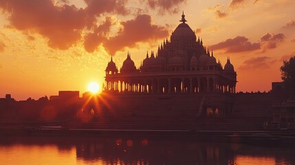 Obraz premium A majestic temple silhouette against a fiery sunset, reflecting in still water.