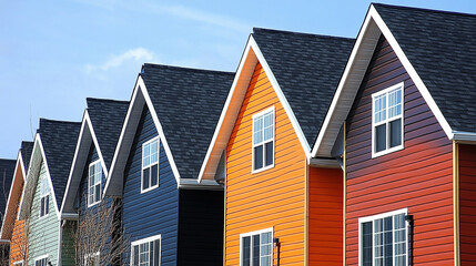 vibrant row of colorful townhouses showcases diverse architectural styles, with unique roof shapes and intricate details, symbolizing individuality, unity, and the charm of urban diversity