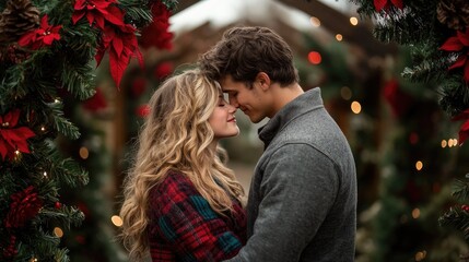 A young couple embraces under a festive Christmas archway, their eyes closed in a moment of intimacy and love.