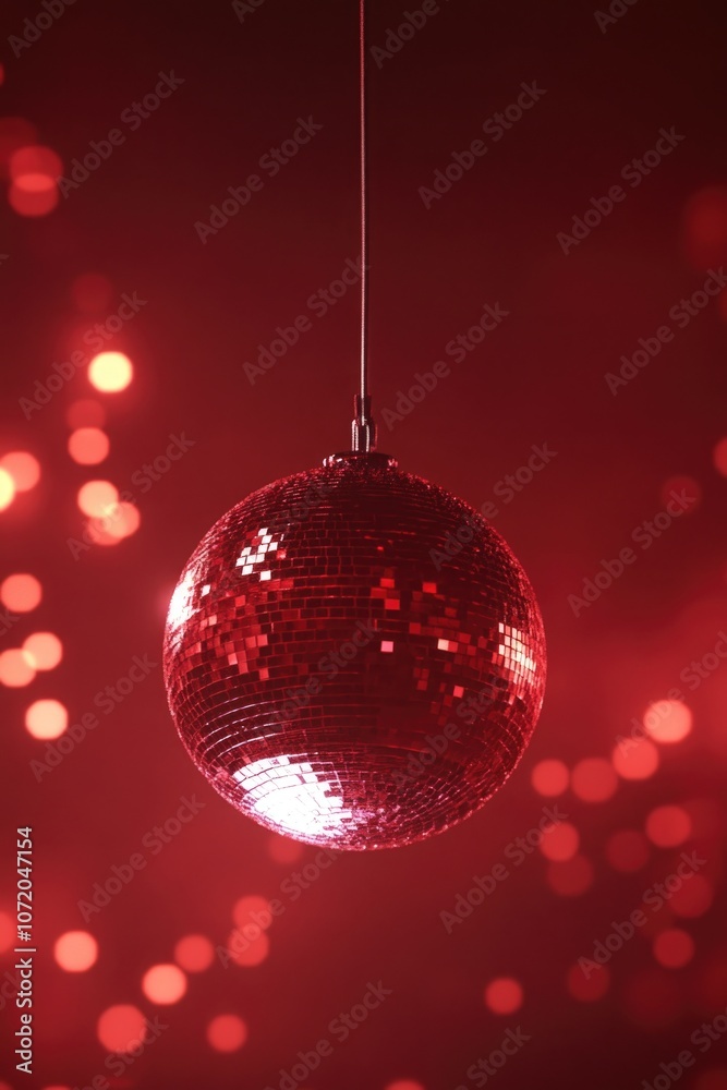 Poster a shiny disco ball suspended from a string, ready to spin and reflect light