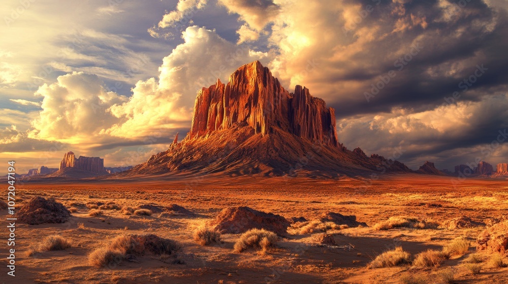 Poster a desert scene with a mountain in the distance