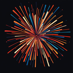 Firework Vector Graphic In Blue Orange And Red, Plain Black Background, No Gradients, Not Symmetrical, New Year.