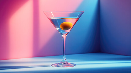 A sleek martini glass with an olive set against a bold, modern blue and pink backdrop with creative lighting design.