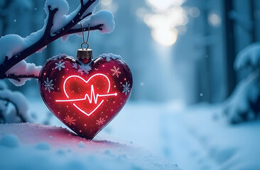 Fototapeta premium A red Christmas tree toy in the shape of a heart, decorated with snowflakes and a neon heart rhythm pattern, hangs on a tree branch against the background of a snow-covered forest.Copyspace. The banne