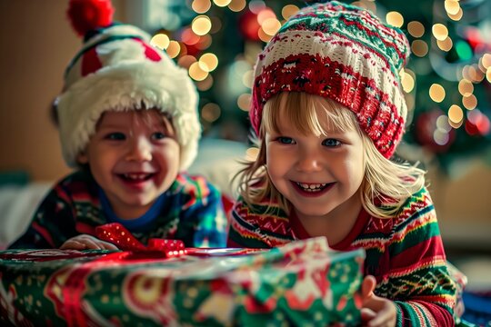 Kids Joyfully Unwrapping Christmas Presents by a Beautifully Decorated Tree in a Cozy Living Room