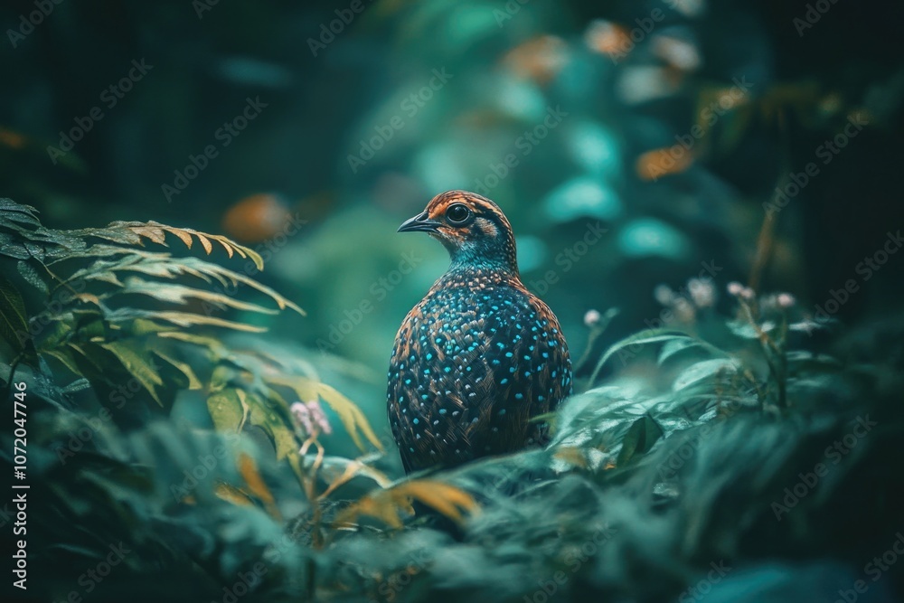 Poster a bird sitting on a branch in a dense forest, surrounded by green foliage