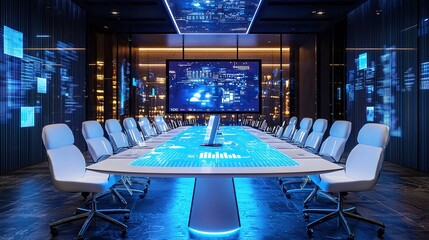 Explore the innovative design of a high-tech boardroom featuring advanced futuristic displays for enhanced collaboration