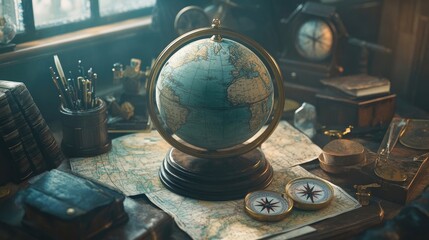 Fototapeta premium An antique globe sits on a desk surrounded by maps, compasses, and other nautical items.