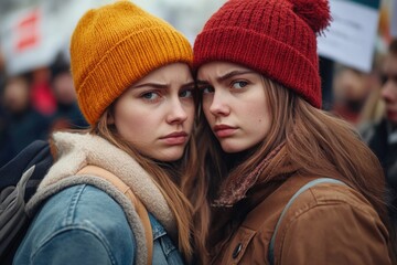 Fototapeta premium Two young women standing side by side, possibly best friends or colleagues