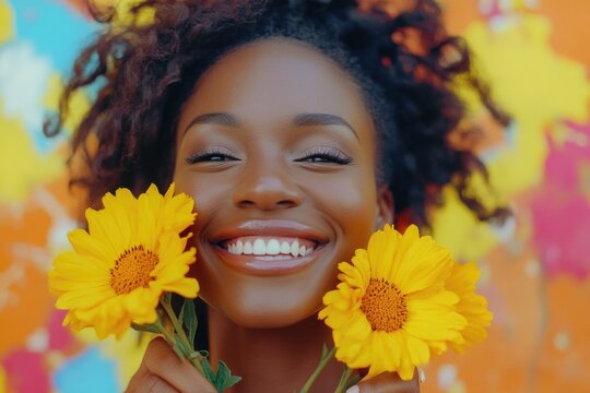 A person holding two bright yellow flowers in front of their face, possibly for self-defense or as a symbol - Powered by Adobe