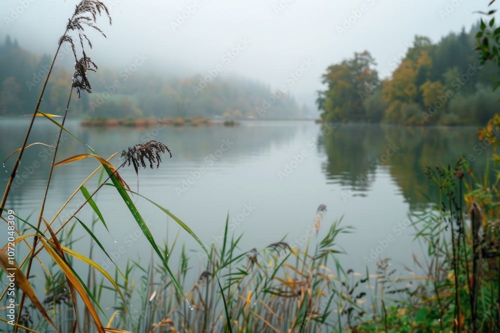 Poster A serene lake scene with fog rolling in and trees surrounding the water