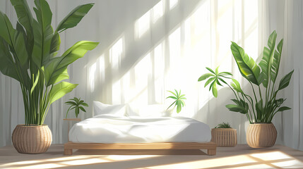 A minimalist bedroom with a white bed, wooden frame, and large plants in wicker pots, bathed in sunlight. Minimalist. Illustration
