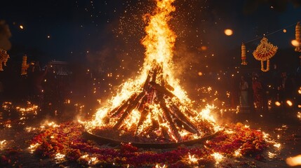 A large bonfire blazes brightly, surrounded by a circle of flowers during a nighttime celebration.