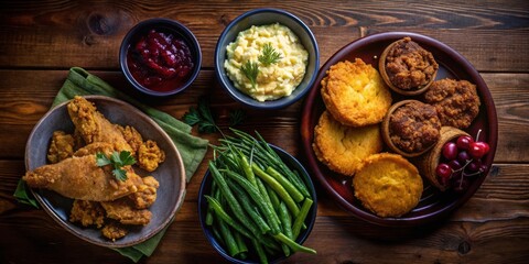 A Rustic Table Setting Featuring a Variety of Appetizers, Including Fried Fish Sticks, Cornbread, and Sweet Potato Casserole