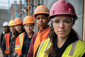 Women working on a construction site with hard hats and safety vests, one person holding a tool