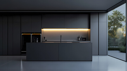 A minimalist kitchen with touchless smart appliances and simple design. Minimalist. Illustration