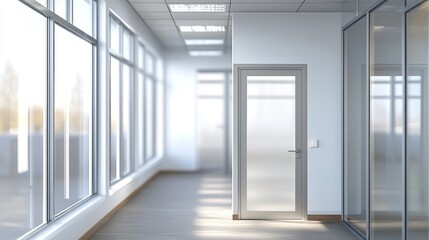 Blurred office interior background with a blurred door and glass wall, blurry bokeh light effect for a business concept design. High-quality photo, taken with a telephoto lens in realistic daylight.  