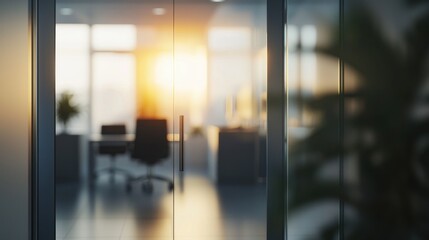 Blurred office interior background with a blurred door and glass wall, blurry bokeh light effect for a business concept design. High-quality photo, taken with a telephoto lens in realistic daylight.  