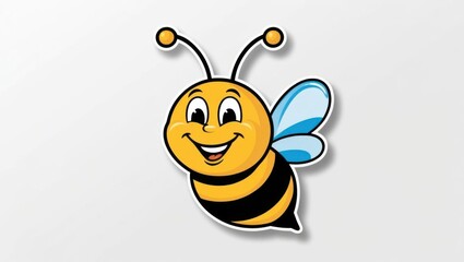 A cheerful cartoon bee with a smiling face and blue wings, representing nature and pollination.