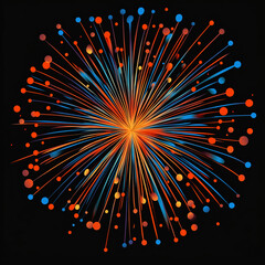 Firework Vector Graphic In Blue Orange And Red, Plain Black Background, No Gradients, Not Symmetrical, New Year.