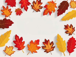 Obraz premium A vibrant arrangement of autumn leaves in various colors, framed around a blank space, showcasing the beauty of fall foliage.
