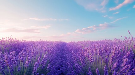 Fototapeta premium A breathtaking view of a lavender field bathed in the warm glow of sunrise.