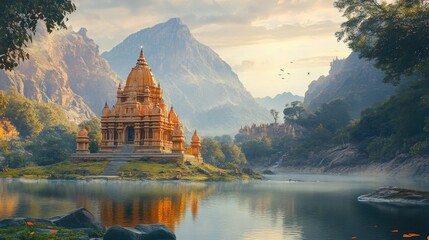 Obraz premium A golden temple sits on a small island in a serene lake, surrounded by lush greenery and majestic mountains in the background.