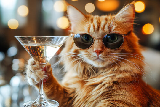 A stylish ginger cat wearing sunglasses holds a cocktail glass, exuding a relaxed and humorous vibe in a chic setting.