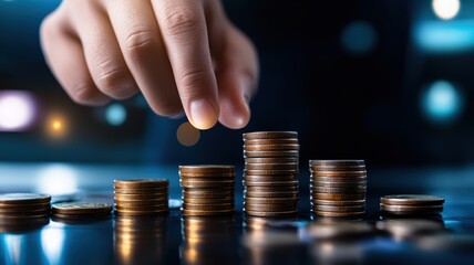 Hand stacking coins in a financial setting.