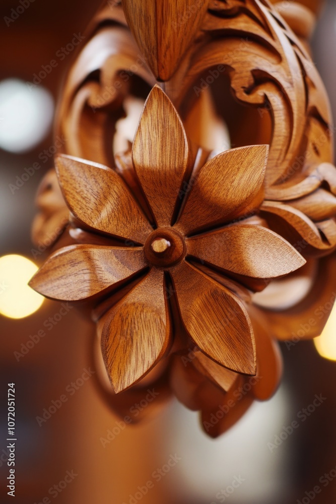 Poster A close-up shot of a wooden object with lights shining from behind
