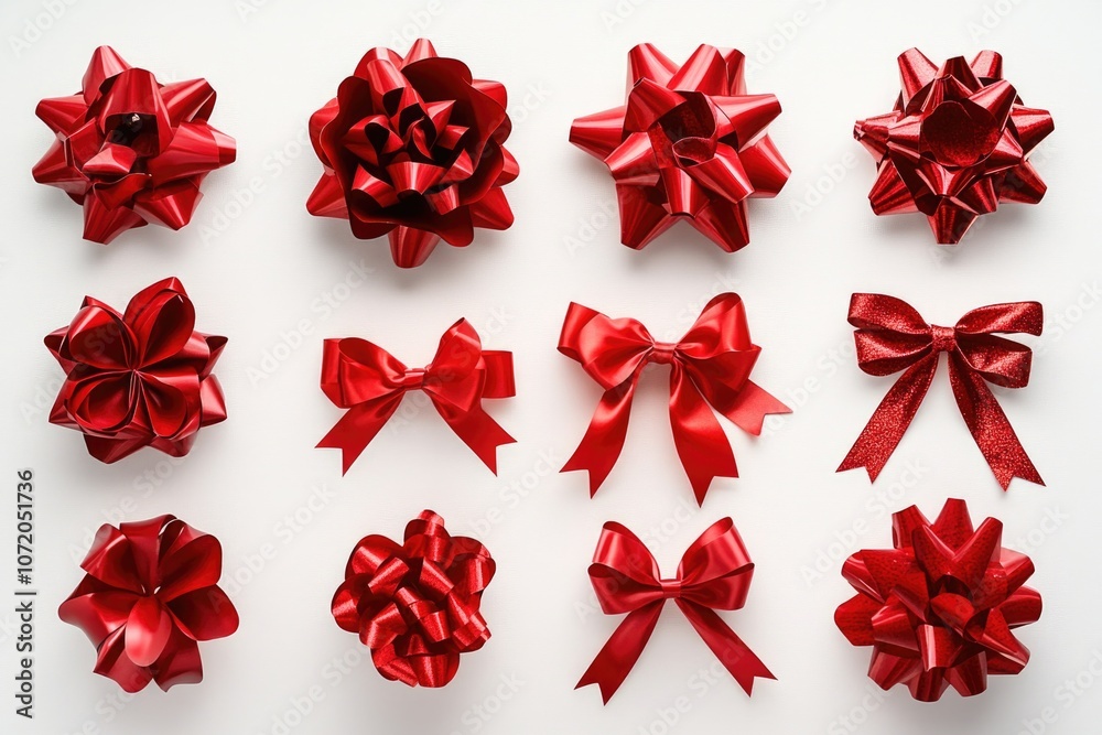 Poster A collection of red bows arranged neatly on a white surface