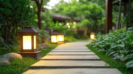 Serene garden pathway with glowing lanterns.