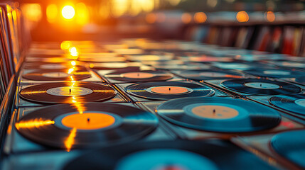 nostalgic vintage record store filled with rows of vinyl records, creating an ambiance that symbolizes timeless music, history, and a love for retro sounds in a cozy, curated space