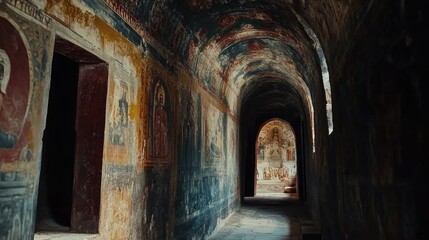 Obraz premium A dimly lit hallway in a historic building with faded murals on the walls.