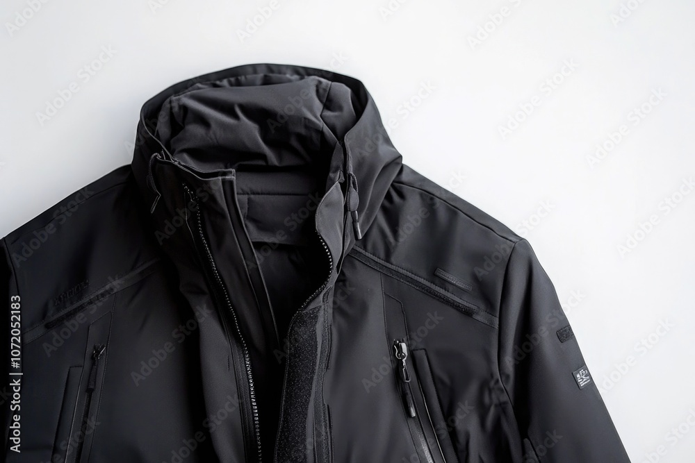 Poster a black jacket hangs on a white wall, perfect for decorating or using in a minimalist design