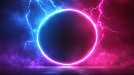 Obraz premium captivating abstract background featuring a neon-lit circle glowing vibrantly against a dark backdrop. The vivid colors and luminescent design evoke futuristic themes and symbolize infinity and innova