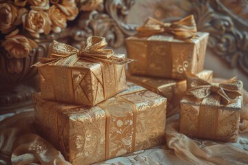 A stack of colorful gift boxes on a table, perfect for parties or celebrations