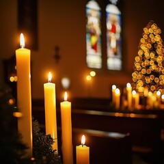 Christmas mass with flickering candles, stained glass, soft lighting, reverent and festive atmosphere