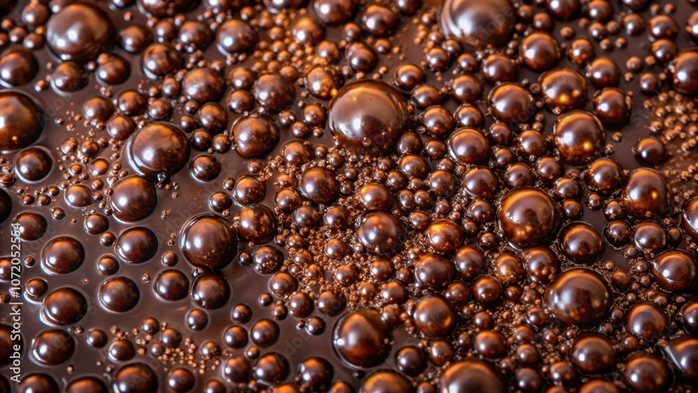 Poster A close-up view of a liquid surface with many round bubbles, ranging in size and creating a textured, almost metallic, aesthetic.