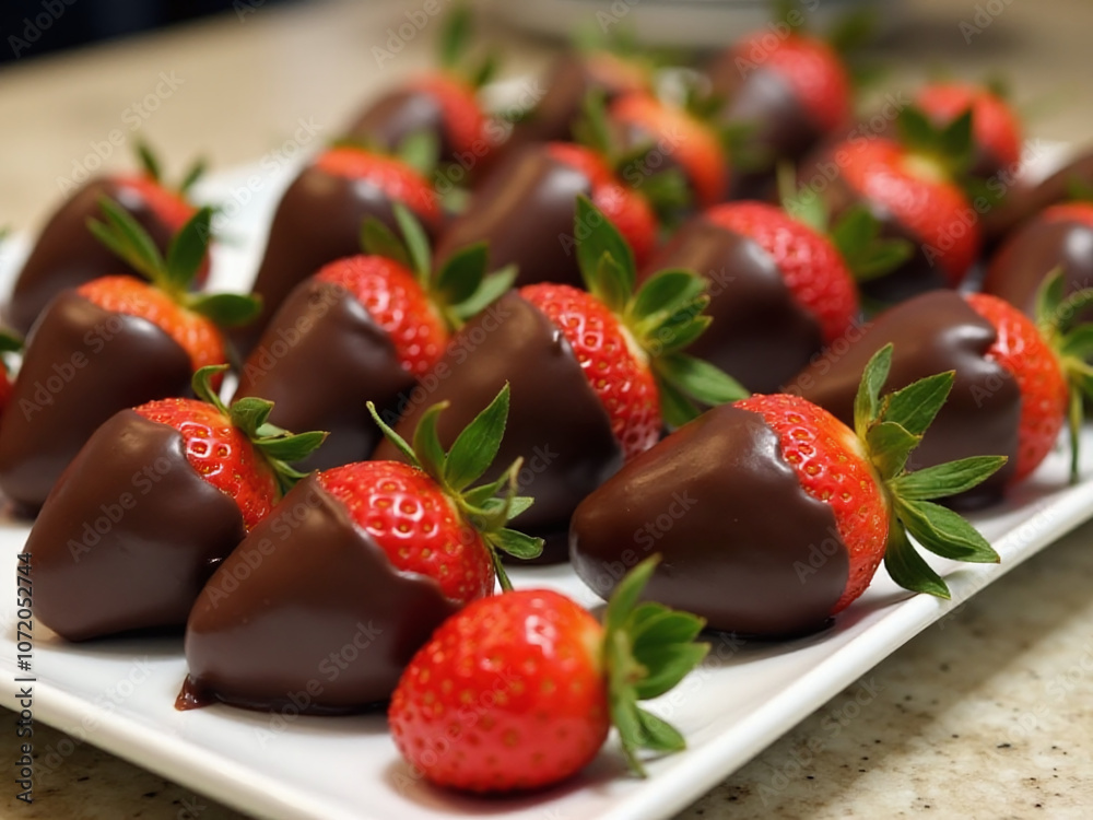 Poster Strawberries dipped in rich chocolate are delicately arranged on a serving platter to create a visually appealing dessert display