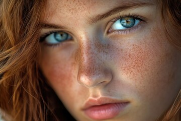 Obraz premium Close-up portrait of a woman with distinctive freckles on her face